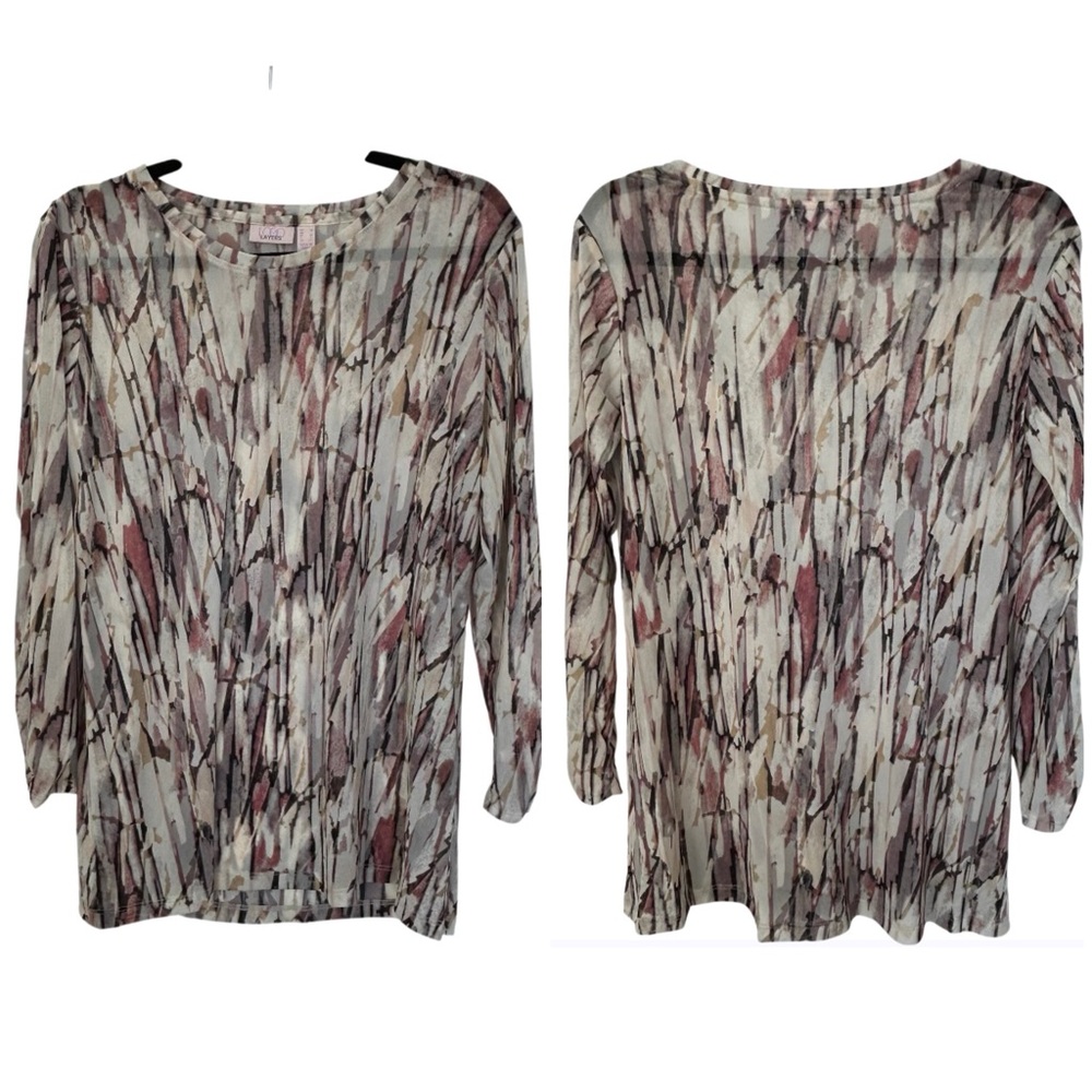 LOGO Layers by Lori Goldstein Women’s Printed Mesh Top Long Ruched Sleeve SIZE M